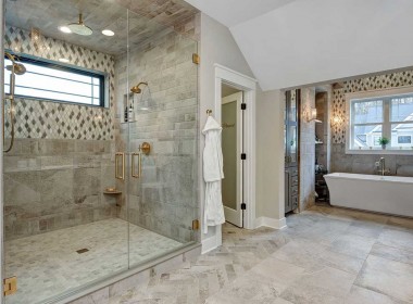 Stone walls shower, spa retreat – Austin Forest Edge Model Home