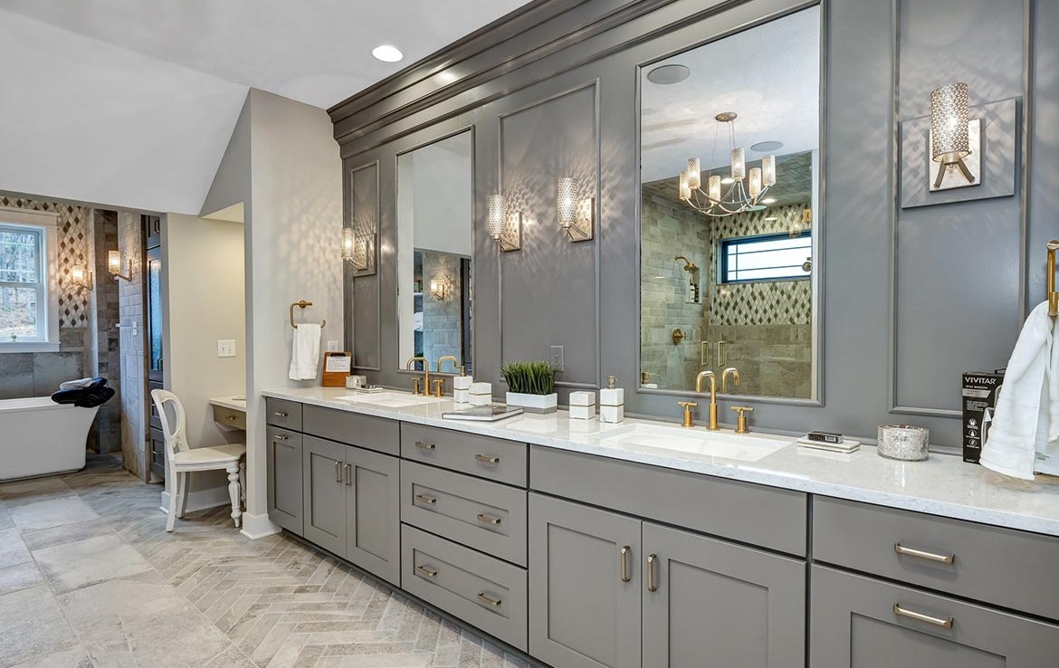 Austin Model Home at Forest Edge, Cranberry, PA, Luxury Bath, white marble and gray cabinets – Infinity Custom Homes