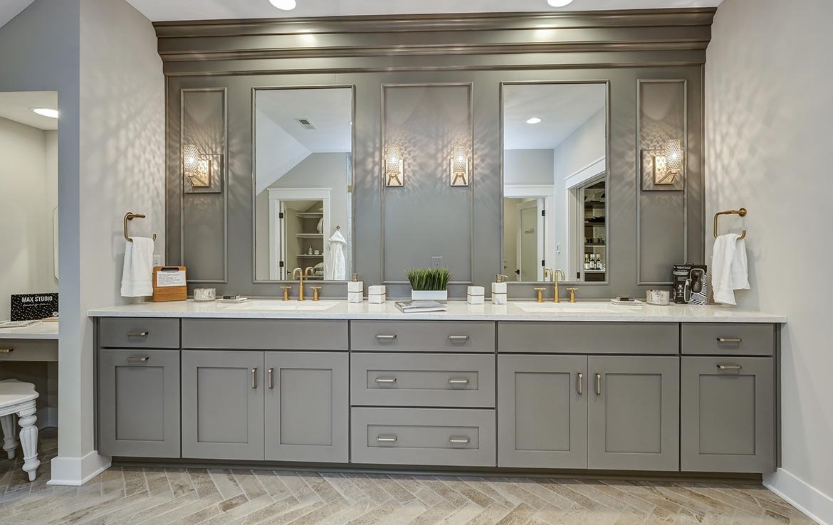 Austin Model Home at Forest Edge, Cranberry, PA, Luxury Bath, gray cabinets – Infinity Custom Homes