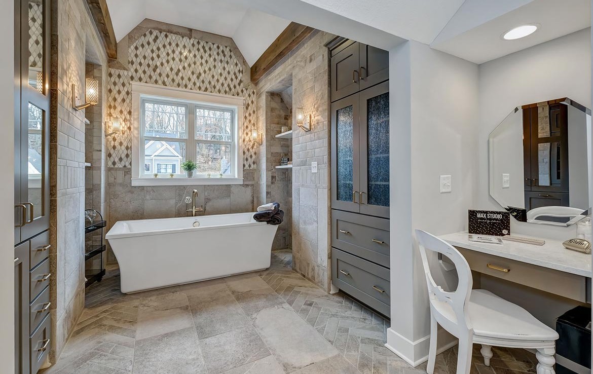 Austin Model Home at Forest Edge, Cranberry, PA, Luxury Bath, stone and marble and gray cabinets – Infinity Custom Homes