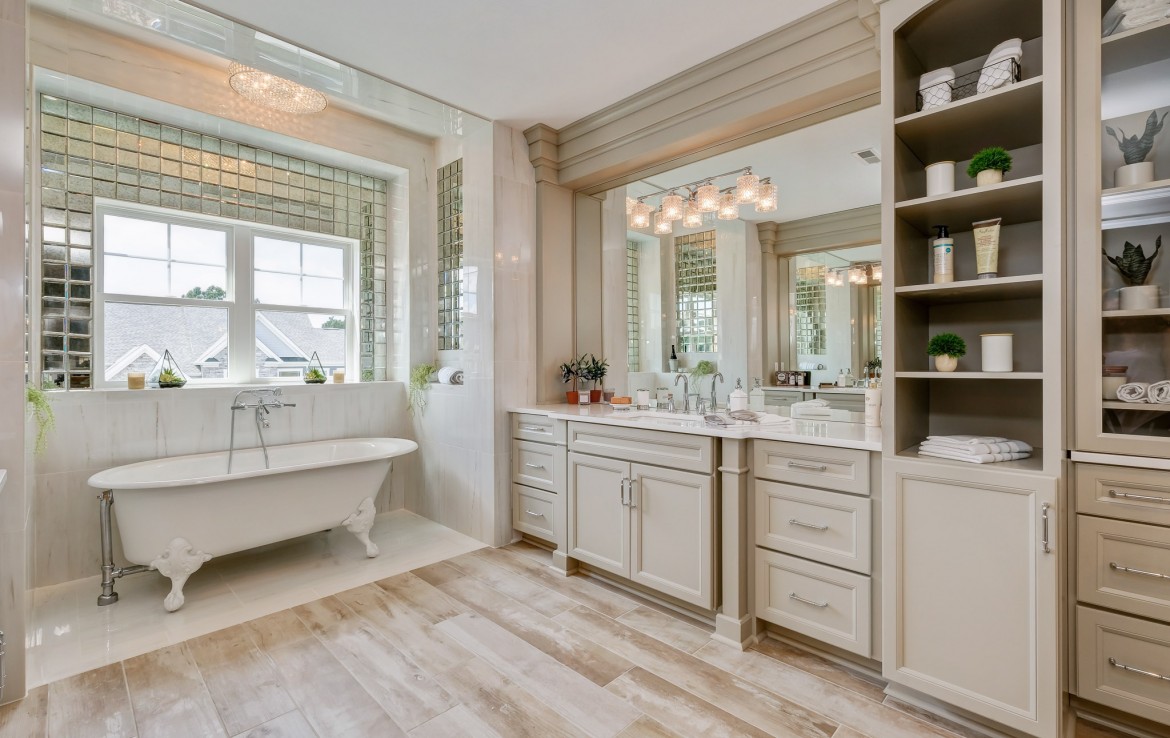 Nantucket Model Home, tudor style luxury home, master bathroom bath – Infinity Custom Homes