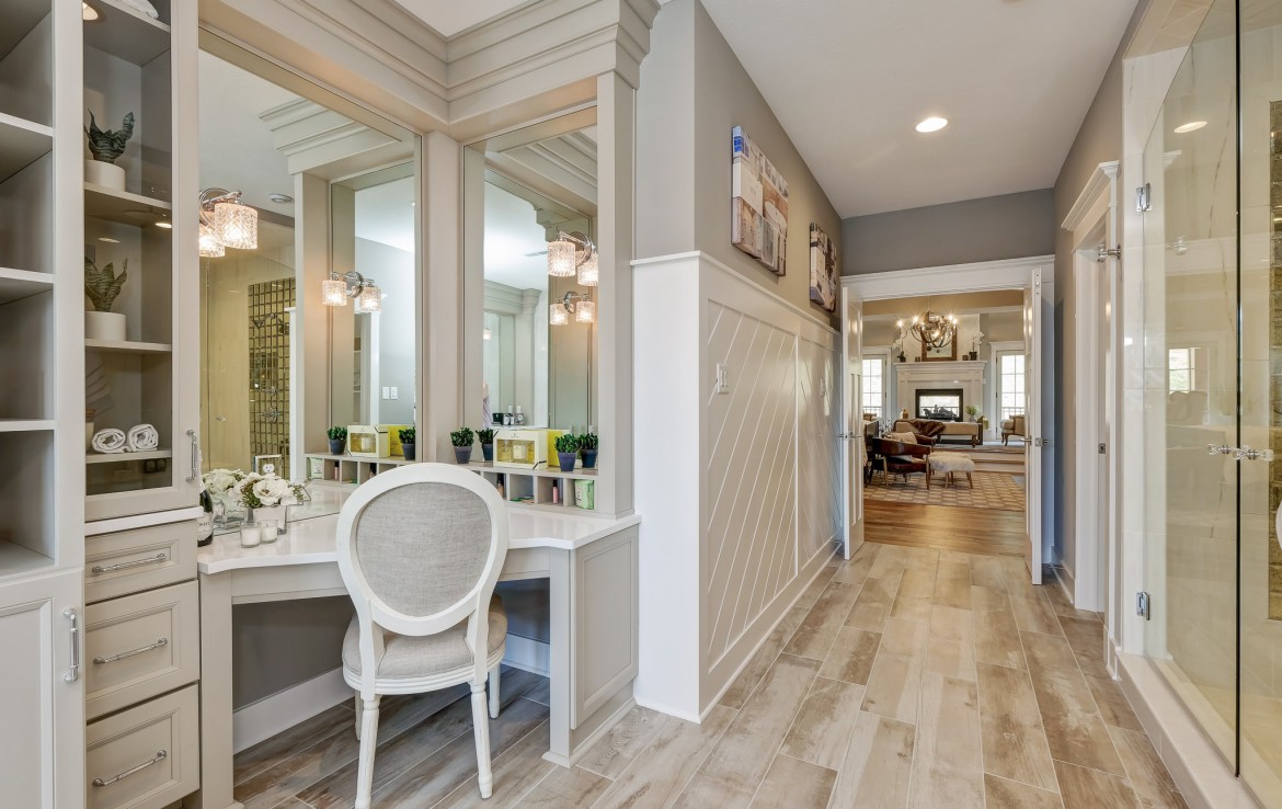 Nantucket Model Home, tudor style luxury home, master bathroom vanity – Infinity Custom Homes