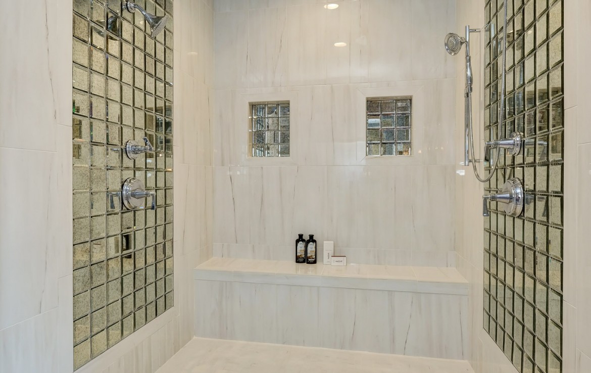 Nantucket Model Home, tudor style luxury home, master bathroom shower – Infinity Custom Homes