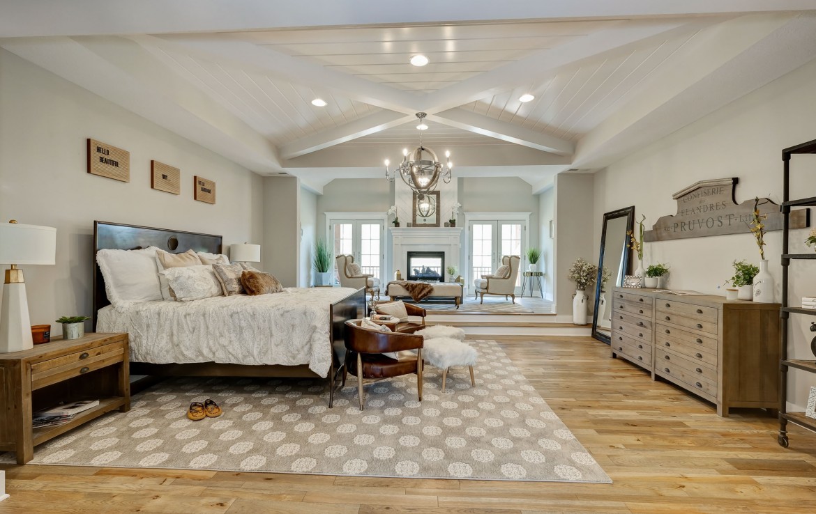 Nantucket Model Home, tudor style luxury home, master bedroom – Infinity Custom Homes