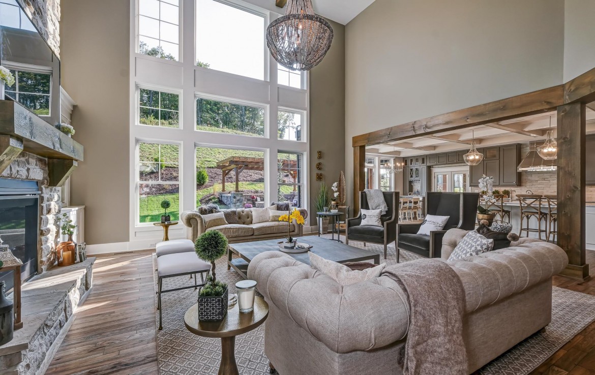 Nantucket Model Home, tudor style luxury home, living room – Infinity Cust