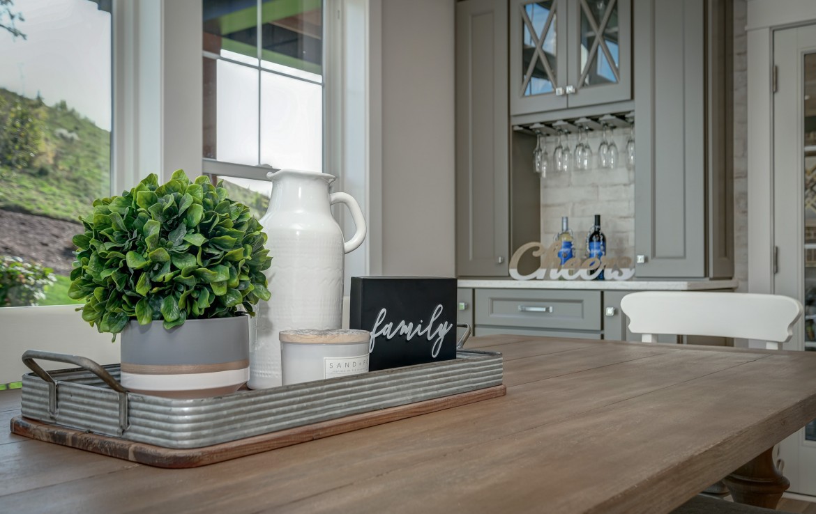Nantucket Model Home, tudor style luxury home, farmstyle dining room detail – Infinity Custom Homes