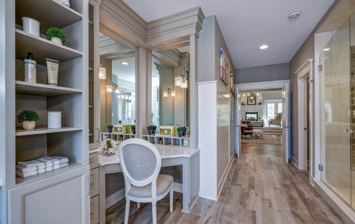 Nantucket Model Home, tudor style luxury home, master bathroom vanity – Infinity Custom Homes