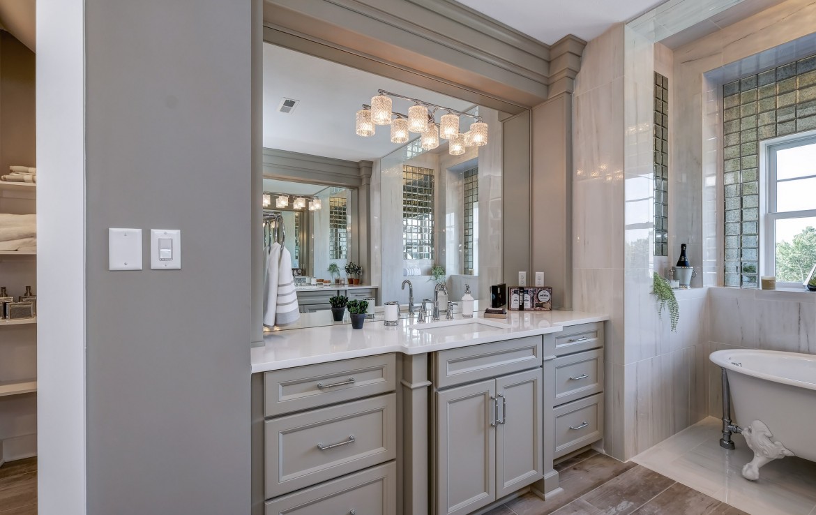 Nantucket Model Home, tudor style luxury home, master bathroom – Infinity Custom Homes