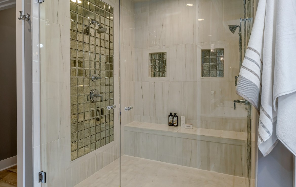 Nantucket Model Home, tudor style luxury home, master bathroom shower – Infinity Custom Homes