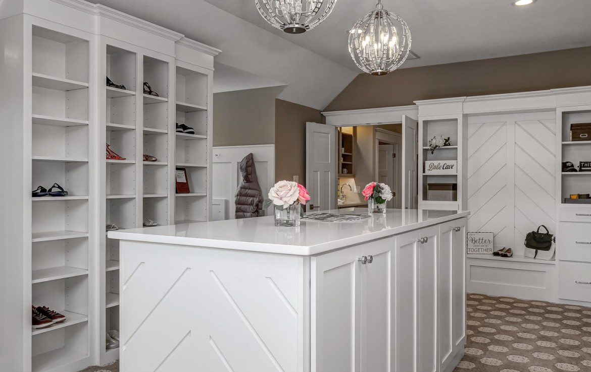Nantucket Model Home, tudor style luxury home, master bedroom closet – Infinity Custom Homes
