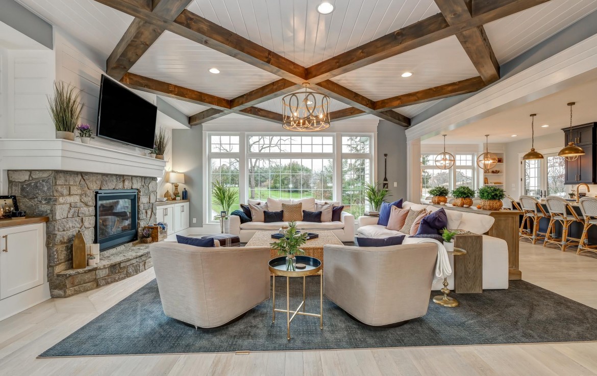 Portland Model Home, beach style luxury home in Mars PA, farmhouse style living room – Infinity Custom Homes