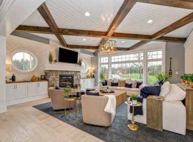Portland Model Home, beach style luxury home in Mars PA, farmhouse style living room with wood beams – Infinity Custom Homes