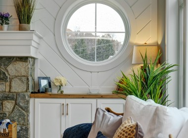 Portland Model Home, beach style luxury home in Mars PA, round window detail – Infinity Custom Homes