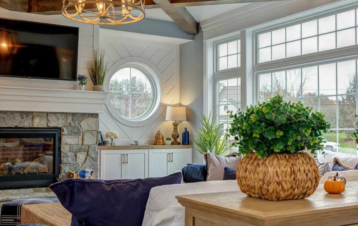 Portland Model Home, beach style luxury home in Mars PA, ceiling wood beams detail – Infinity Custom Homes
