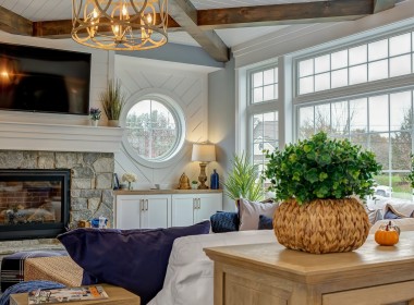 Portland Model Home, beach style luxury home in Mars PA, ceiling wood beams detail  – Infinity Custom Homes