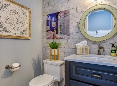 Portland Model Home, beach style luxury home in Mars PA, bathroom with dark blue vanity – Infinity Custom Homes