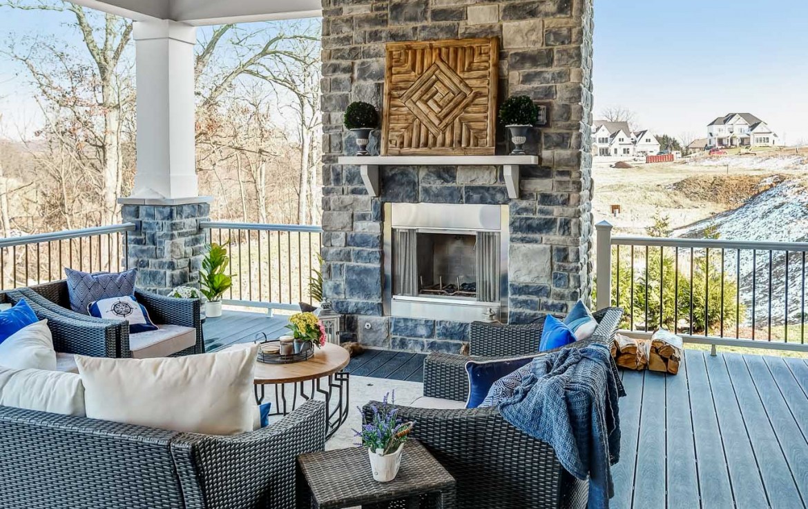 Portland Model Home, beach style luxury home in Mars PA, outdoor area with fireplace – Infinity Custom Homes