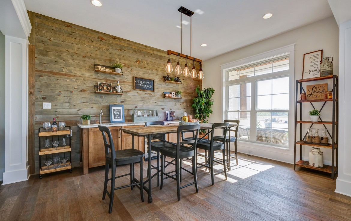 Portland floorplan, luxury single family home in Pittsburgh, PA, farmhouse style dining room with shiplap accent wall – Infinity Custom Homes