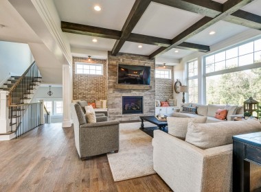 Portland floorplan, luxury single family home in Pittsburgh, PA, farmhouse style living room white builtin and shiplap fireplace – Infinity Custom Homes