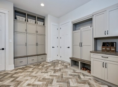 Portland floorplan, luxury single family home in Pittsburgh, PA, mudroom with light gray cabinets – Infinity Custom Homes