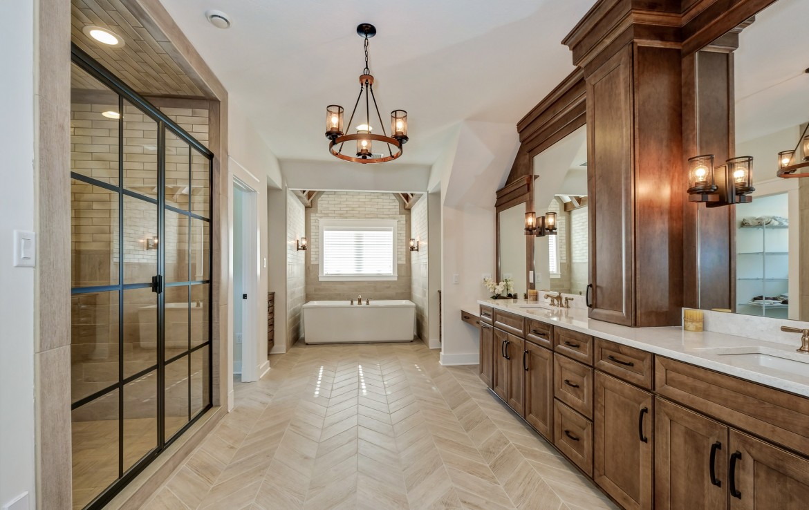 Portland floorplan, luxury single family home in Pittsburgh, PA, spa master bathroom wood cabinets – Infinity Custom Homes