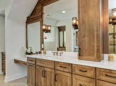 Portland floorplan, luxury single family home in Pittsburgh, PA, master bath with rustic cabinets  – Infinity Custom Homes