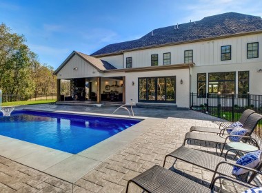 Portland floorplan, luxury single family home in Pittsburgh, PA, stone patio and pool  – Infinity Custom Homes